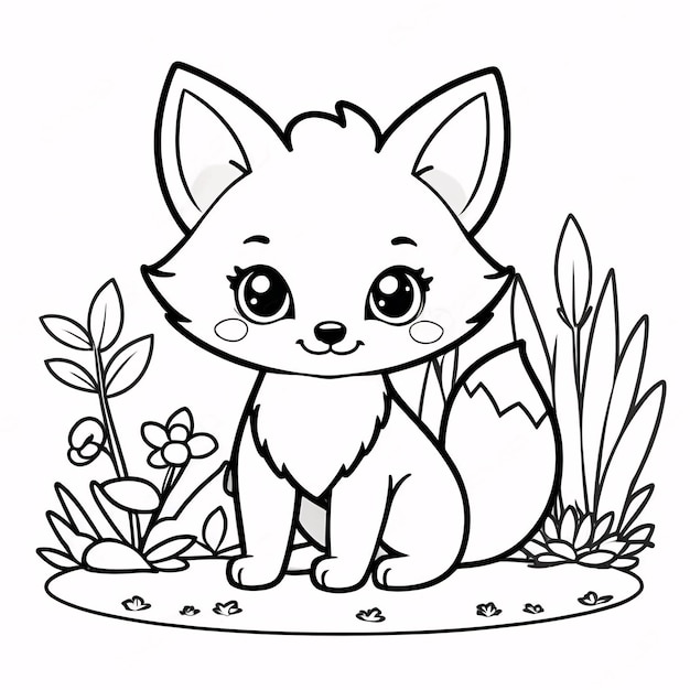 Cute Chibi Fox Line Art Dessin à la main Kawaii pour enfants Illustration de livre à colorier