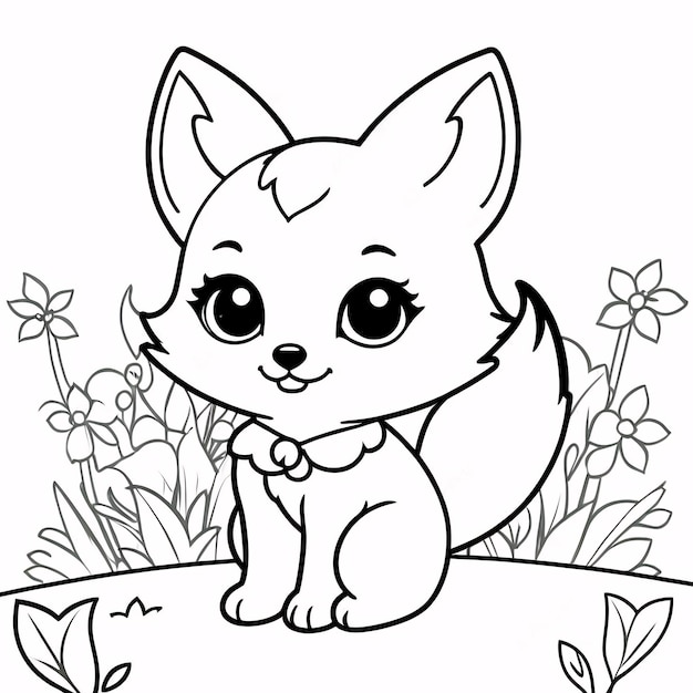 Cute Chibi Fox Line Art Dessin à la main Kawaii pour enfants Illustration de livre à colorier