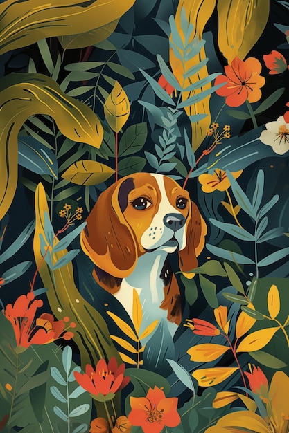 Cute chien beagle assis dans la forêt parmi de nombreuses plantes et fleurs illustration de carte de vœux