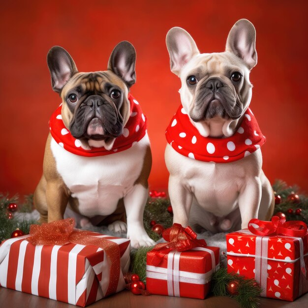 Photo cute chien chiot bulldog avec des boîtes de cadeaux de noël concept photo affiche joyeux présent rouge de la nouvelle année