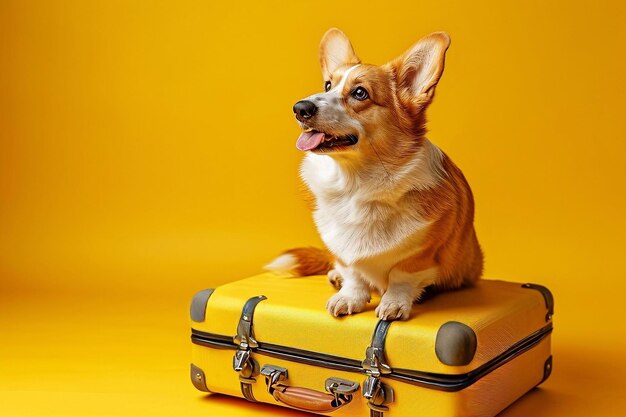 Cute chien corgi gallois avec une valise sur fond jaune