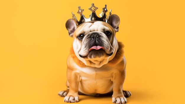 Cute chien dans une couronne et dans des vêtements royaux sur un fond jaune