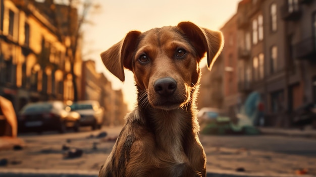 Cute chien dans la ville un petit chiot dans la rue de la mégapolis perdu animal ai généré