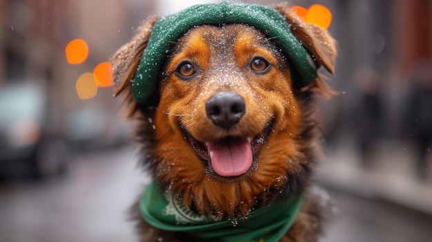 Cute chien avec avec un foulard vert autour du cou sur fond vert célébration de la fête de Saint-Patrick