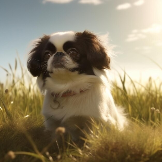 Cute chien japonais au menton dans un champ IA générative