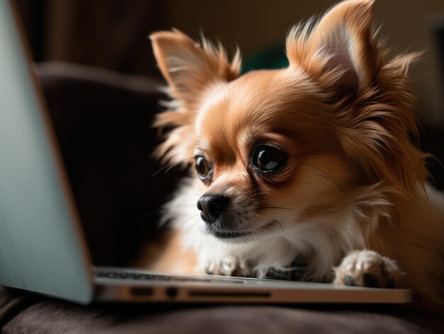 Photo cute chien travaillant à la maison au bureau sur un ordinateur créé avec la technologie d'ia générative