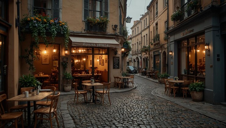 Photo cute coffee shop et des tables de style bossa nova à l'extérieur sur la rue pavée 1