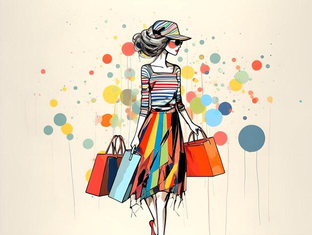 Cute conception d'art numérique coloré d'une dame portant des sacs d'achat dans une illustration d'art en ligne de griffon