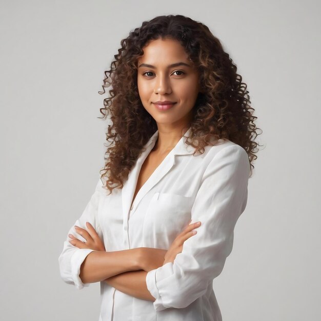 Cute confiante jeune femme diatologue réussie avec les cheveux bouclés bras croisés poitrine sûre d'elle rea