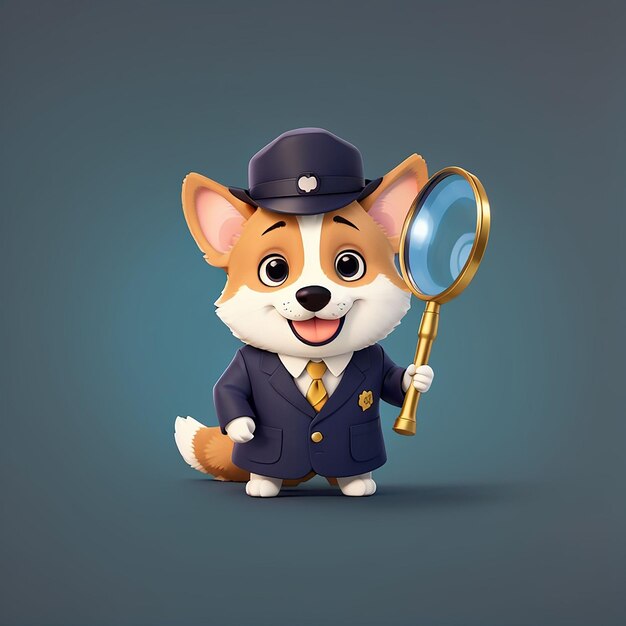 Photo cute corgi dog detective avec loupe cartoon icône vectorielle illustration icône de profession animale concept isolé premium vector flat style de dessin animé