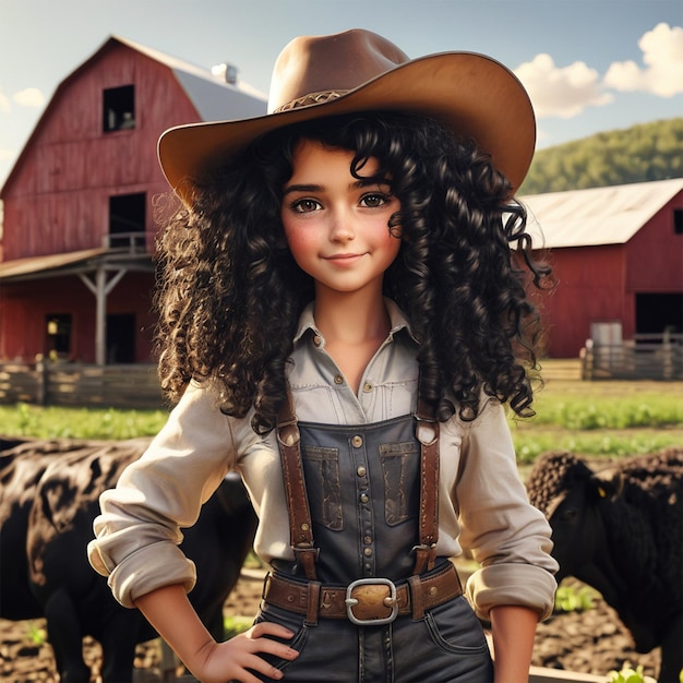 Cute cowgirl faisant une pose avec sa main sur la hanche à côté des vaches