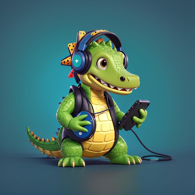Photo cute crocodile gamer jouant au jeu avec écouteur et joystick cartoon vector icon illustration animal technology icon concept isolé premium vector flat cartoon style