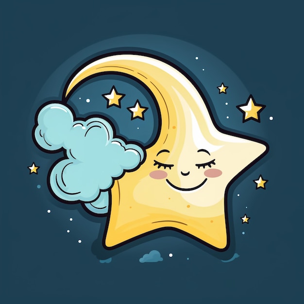 Photo cute demi-lune jaune dormant dans un chapeau avec pompon dans le ciel nocturne avec des étoiles character de croissant de bébé doux dans une casquette de nuit illustration vectorielle colorée enfantine dans le style de dessin animé plat