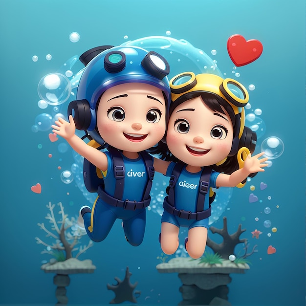 Cute Diver coréen signe cœur d'amour icône de dessin animé vecteur illustration science icône de vacances concept isolé premium vecteur plat style de dessin illustré