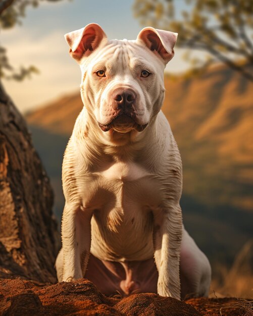 Cute Dogo Argentino Race de chien assis silencieusement avec la lumière du soleil de la jungle en arrière-plan Photo générée par l'IA