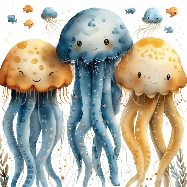 Cute drôle de dessin animé JellyFish illustration pour les enfants livre générative AI