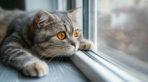 Photo cute écossais fold race chat avec des yeux jaunes allongé par la fenêtre à la maison vue de jour ensoleillé doux moelleux purebred poils courts lopeared chat sur le rebord de la fenêtre espace de copie d'arrière-plan de près