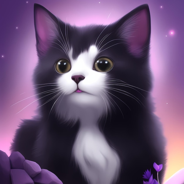 Cute Funny Art Cat chat noir et blanc avec un ciel violet avec des étoiles et une fleur violette Ai