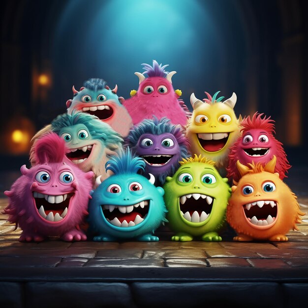 Photo cute groupe de petits monstres aliens personnages de dessins animés