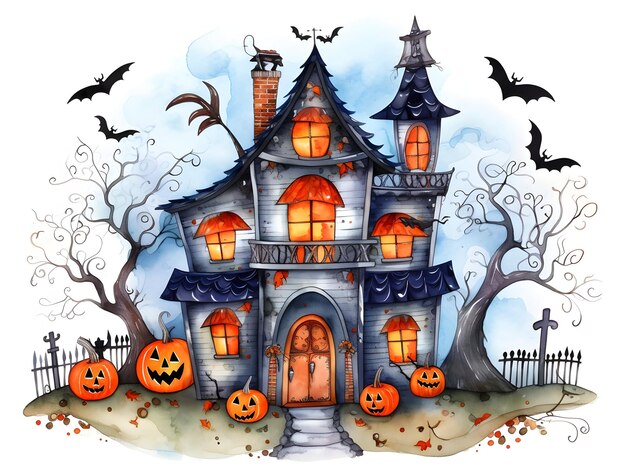 Cute halloween maison hantée style aquarelle isolé sur fond blanc