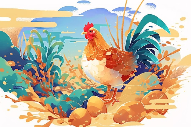 Cute illustration de poulet de dessin animé illustration de scène de poulet pondant des œufs