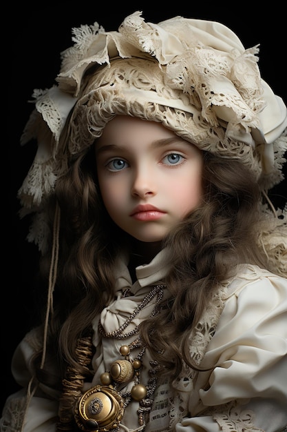 Cute jolie fille du siècle habillée comme une poupée de porcelaine avec un visage très blanc et un ancien traditionnel