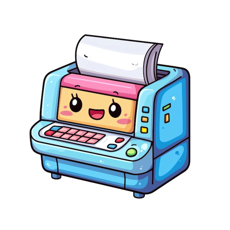 Photo cute kawaii flat design illustration d'une imprimante de bureau heureuse