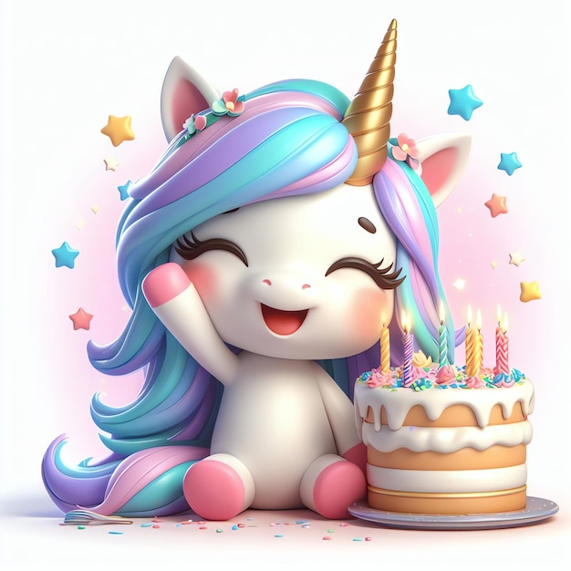 Photo cute licorne avec gâteau d'anniversaire dessin animé illustration 3d fond papier peint livre de couverture pour enfants