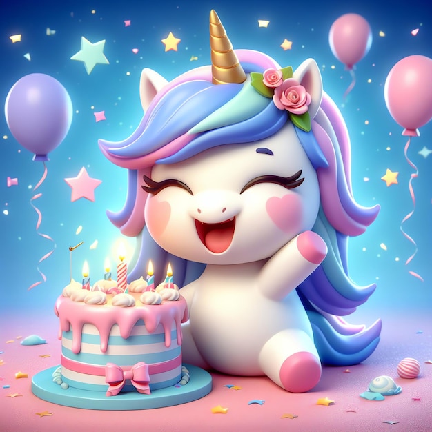 Cute licorne avec gâteau d'anniversaire dessin animé illustration 3D fond papier peint livre de couverture pour enfants