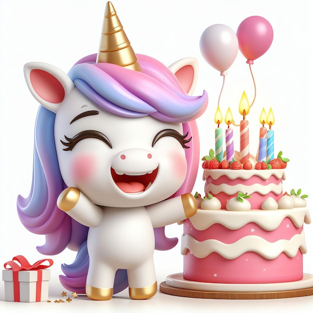 Cute licorne avec gâteau d'anniversaire dessin animé illustration 3D fond papier peint livre de couverture pour enfants