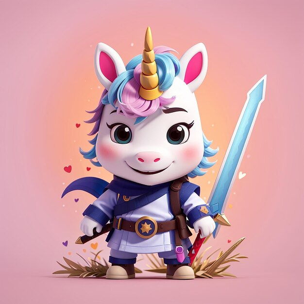 Cute ninja licorne avec l'épée dessin animé icône vectorielle illustration animal icône de vacances isolé plat