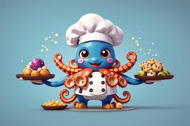 Cute Octopus Chef avec Takoyaki Nourriture Cartoon Icône vectorielle Illustration Nourriture animale Icône Concept isolé Premium Vector Flat Style Cartoon