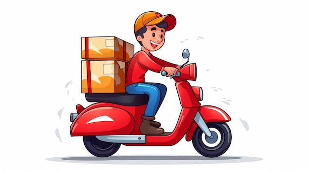 Cute paquet de livraison de messagerie masculine avec illustration d'icône vectorielle de dessin animé de moto