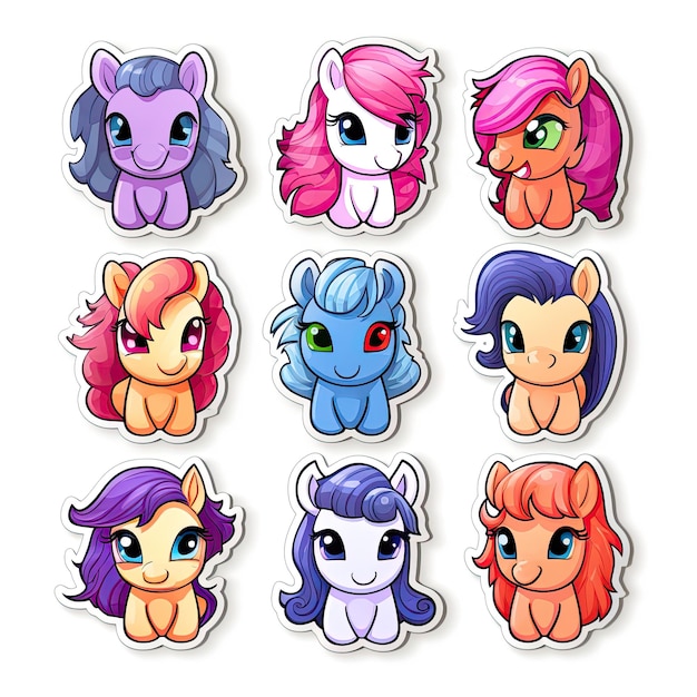 Photo cute petit poney autocollant de dessin animé isolé sur fond blanc illustration vectorielle