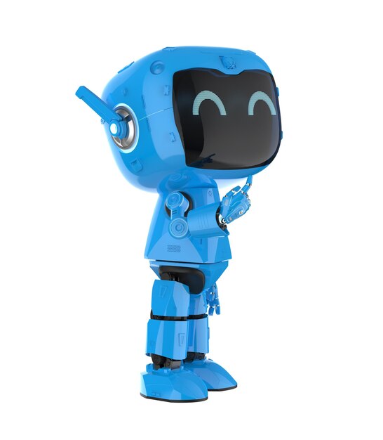 Photo cute et petite intelligence artificielle assistant personnel robot point du doigt isolé