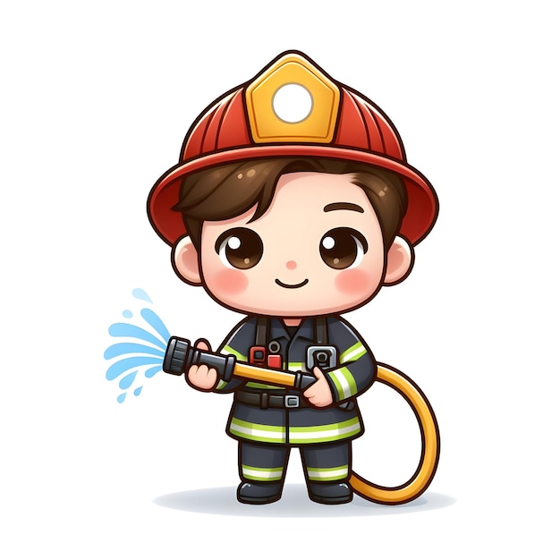 Cute pompier garçon avec tuyau d'incendie sur fond blanc style dessin animé plat