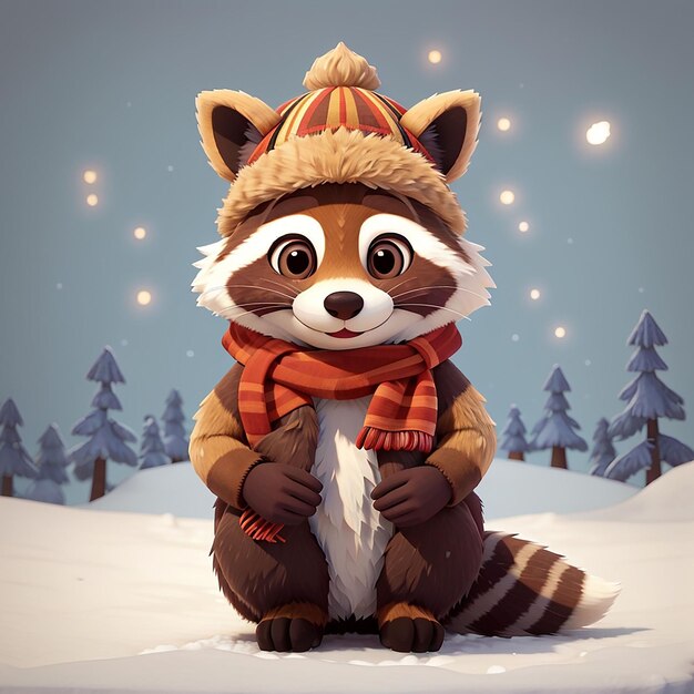 Photo cute raccoon winter sitting cartoon icône vectorielle illustration icône de la nature animale concept isolé vector premium flat style de dessin animé