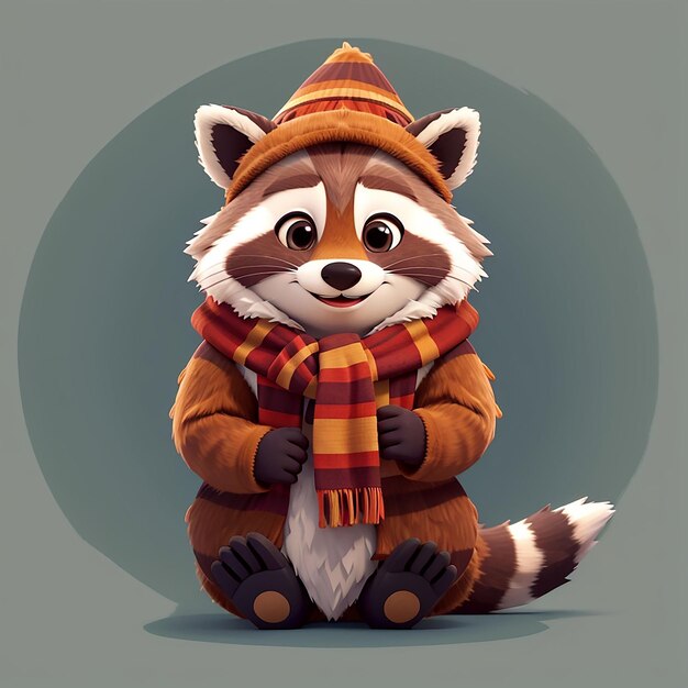 Photo cute raccoon winter sitting cartoon icône vectorielle illustration icône de la nature animale concept isolé vector premium flat style de dessin animé