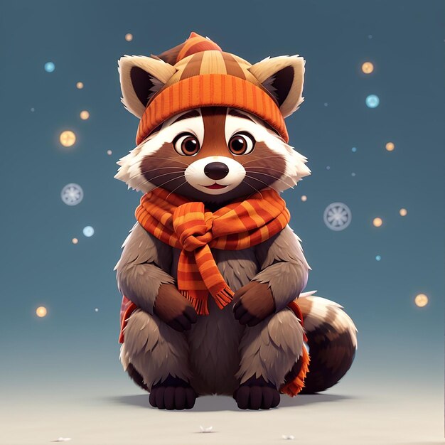 Cute Raccoon Winter Sitting Cartoon Icône vectorielle Illustration Icône de la nature animale Concept isolé Vector Premium Flat Style de dessin animé