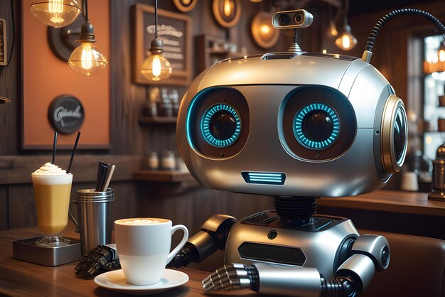 Cute robot barista réaliste travaillant dans un café illustration 3D de haute qualité