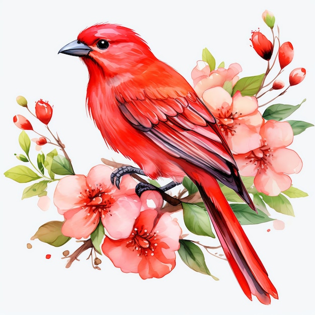 Cute Scarlet tanager oiseau à l'aquarelle illustration clipart