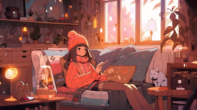 Cute style anime manga LOFI Girl décoration d'illustration de fond d'hiver confortable