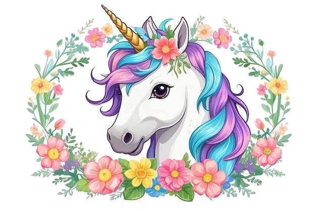 Cute tête de licorne de dessin animé magique avec cadre de fleurs illustration pour enfants isolés sur fond blanc pour l'impression sur