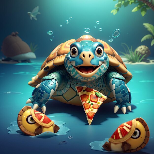Photo cute turtle mangeant de la pizza avec du soda icône vectorielle de dessin animé illustration icône d'alimentation animale concept isolé premium vector flat style de dessins animés