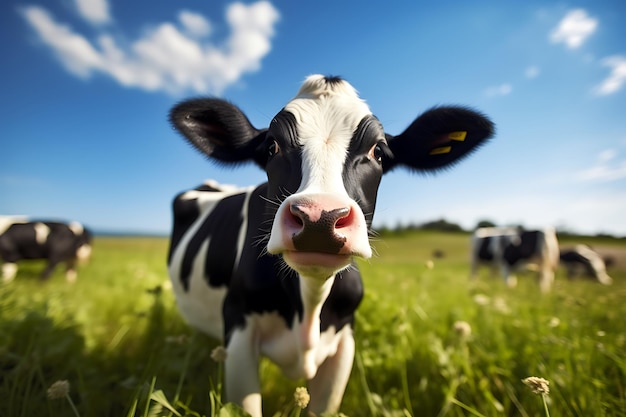 Cute vache pâturant dans une prairie verte en regardant la caméra générée