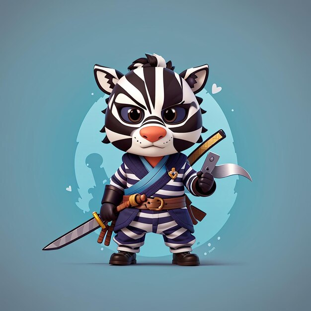 Cute zèbre ninja avec l'épée dessin animé icône vectorielle illustration animal icône de vacances isolé plat