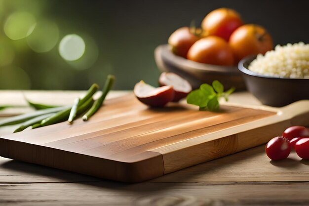 Photo a cutting board with vegetables and fruits on a wooden table