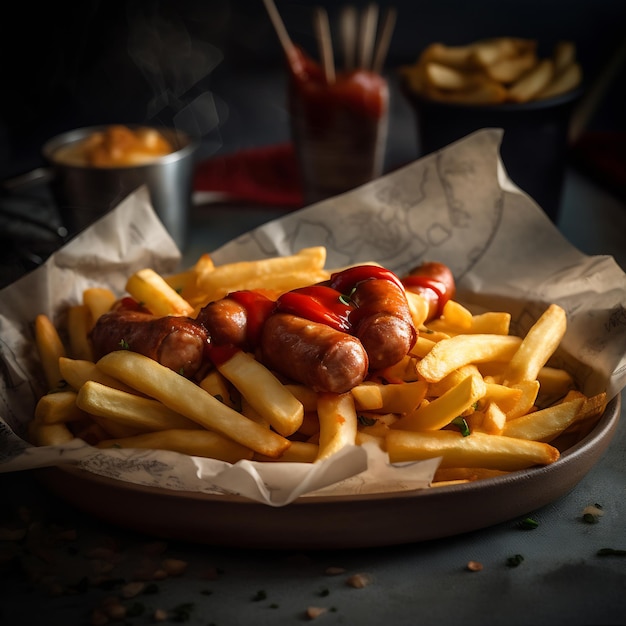 Cuttywurst saucisses frites avec des frites sur un fond sombre AI Generative