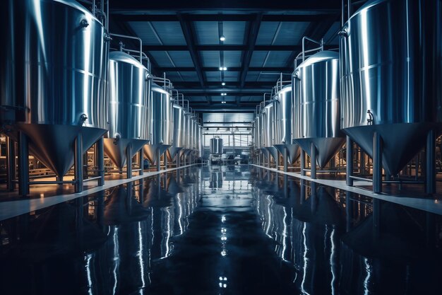 Cuves de brassage de fermentation ou réservoirs de chaudière dans une usine de brasserie Intérieur de l'usine de brasserie Usine de production de bière Production moderne de boissons à la pression Mise au point sélective