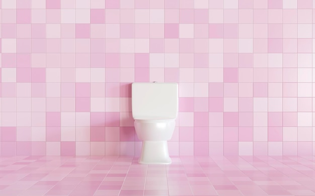 Cuvette de toilette 3d blanche en céramique dans les toilettes avec fond de mur et de sol en carreaux de céramique rose